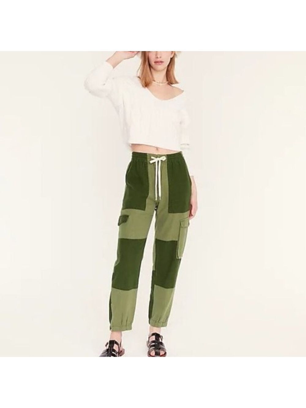 J Crew Tie Waist Linen Blend Cargo Pant Size 0 Green Colourblock